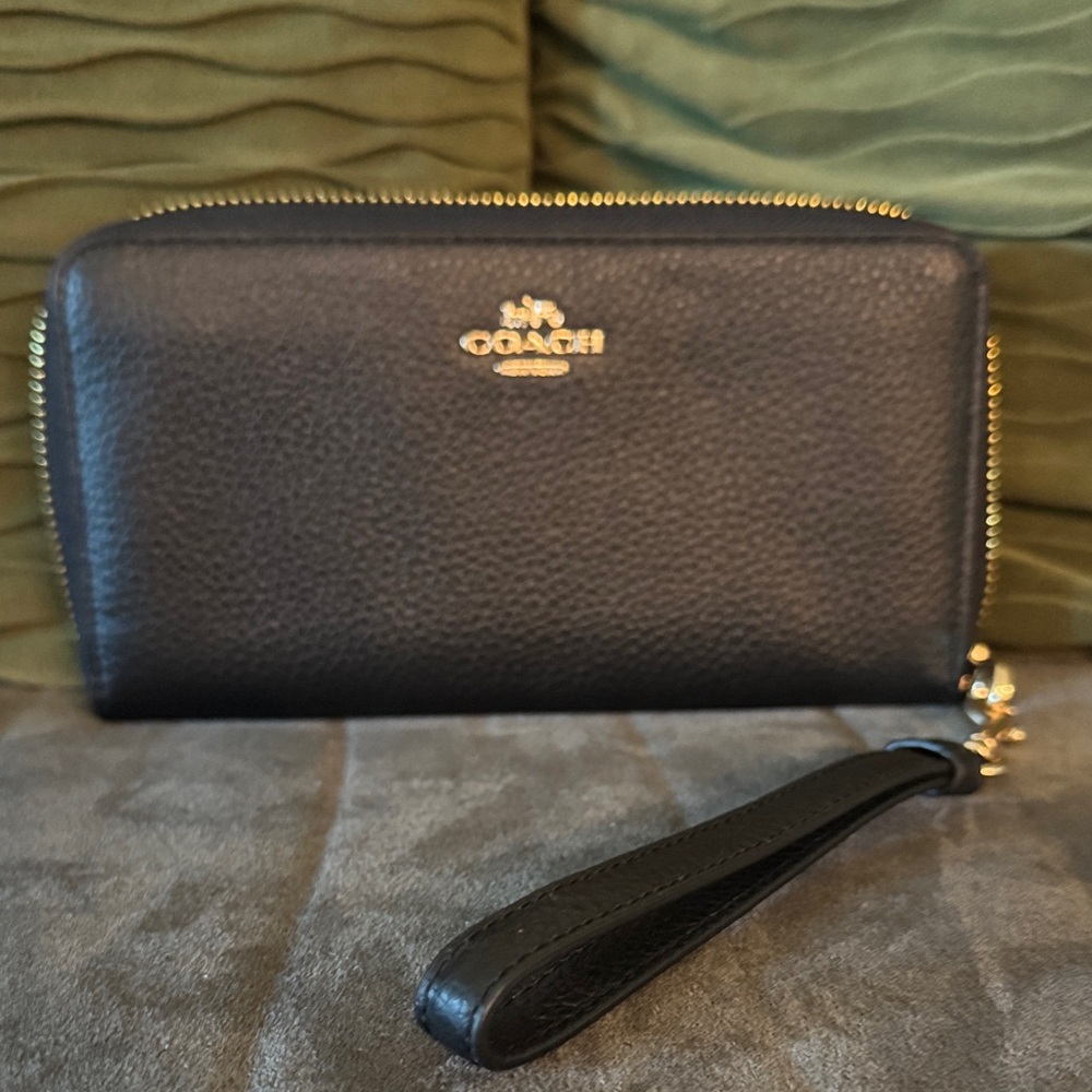 Coach Black Leather Wristlet with Gold Accents